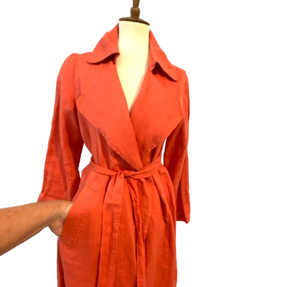 Cynthia Rowley 100% Linen Trench Coat Coral Lightweight Belted Open Frnt Sz S - Picture 4 of 8